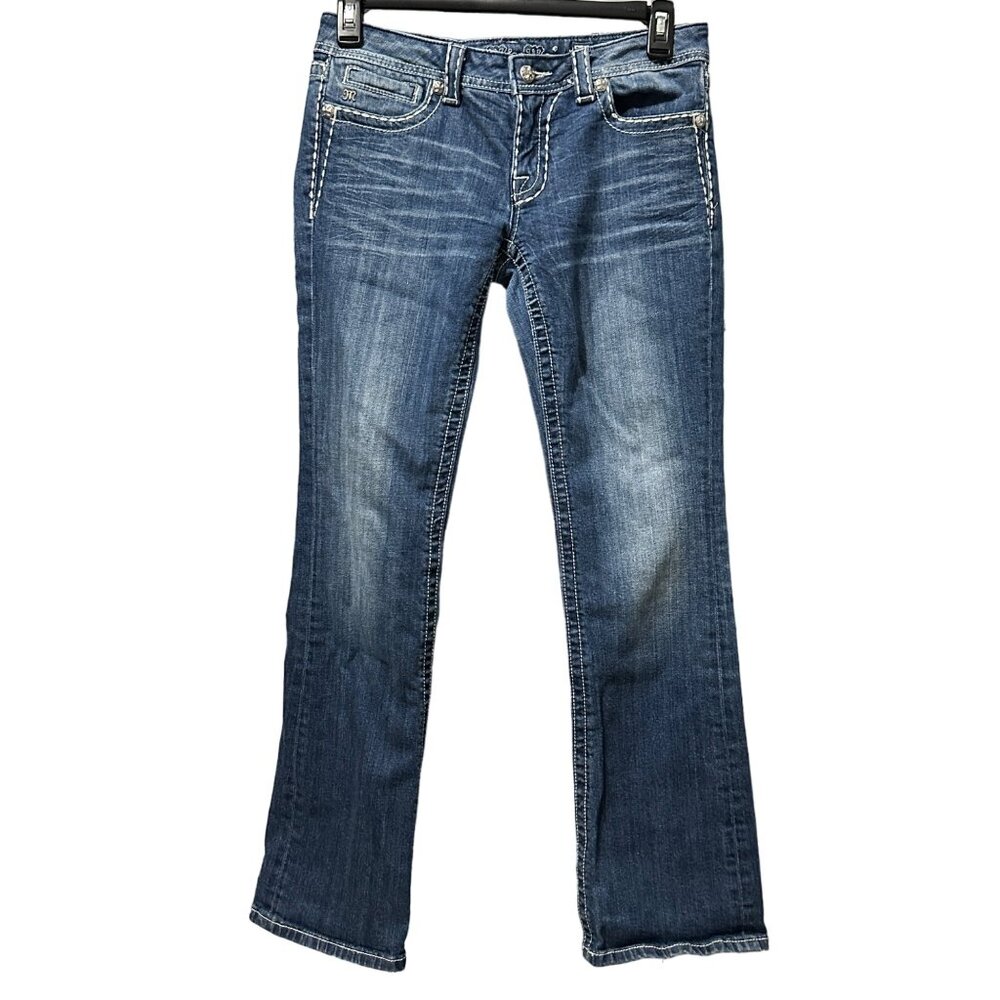 Miss Me size 30 medium blue wash zip whispered bedazzled boot cut jeans